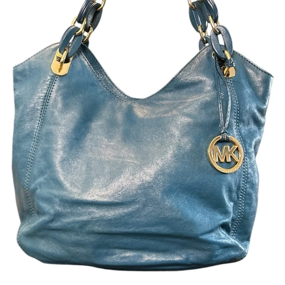 Michael Kors Leather Teal Lillie Chain Handle Shoulder Bag Tote Purse
